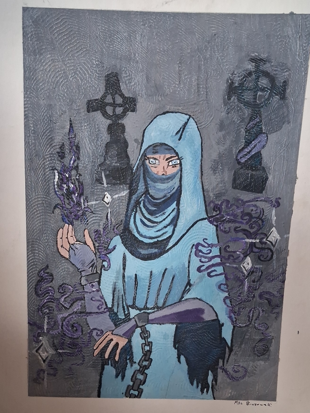 Mystic Hooded Sorceress Original Painting in Light Blue and Purple